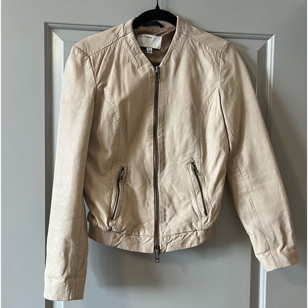 Genuine Lamb Skin Leather Fitted Cream Moto Jacket Size xsmall